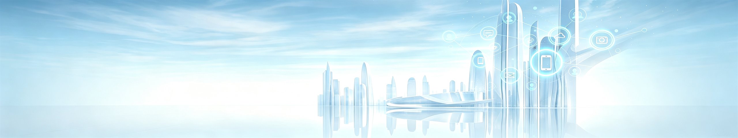 Messaging, email and mobile icons over a city skyline