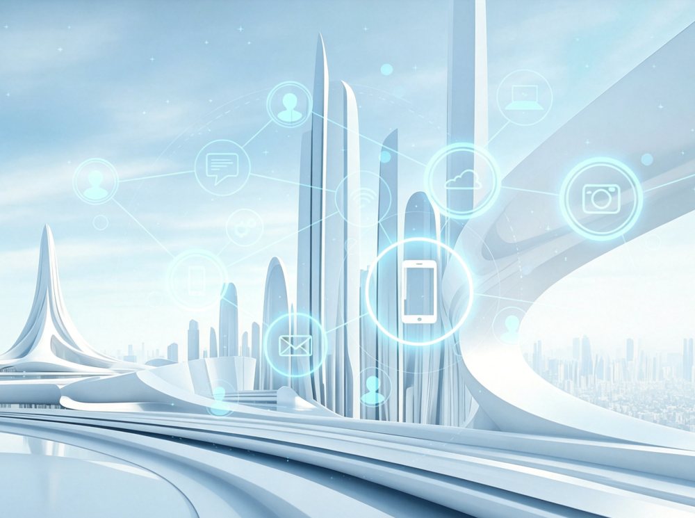 Messaging, email and mobile icons over a city skyline