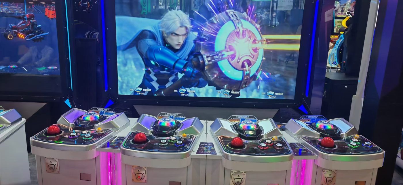 Four-player fighting cabinet with illuminated buttons and ball-top joysticks on each station