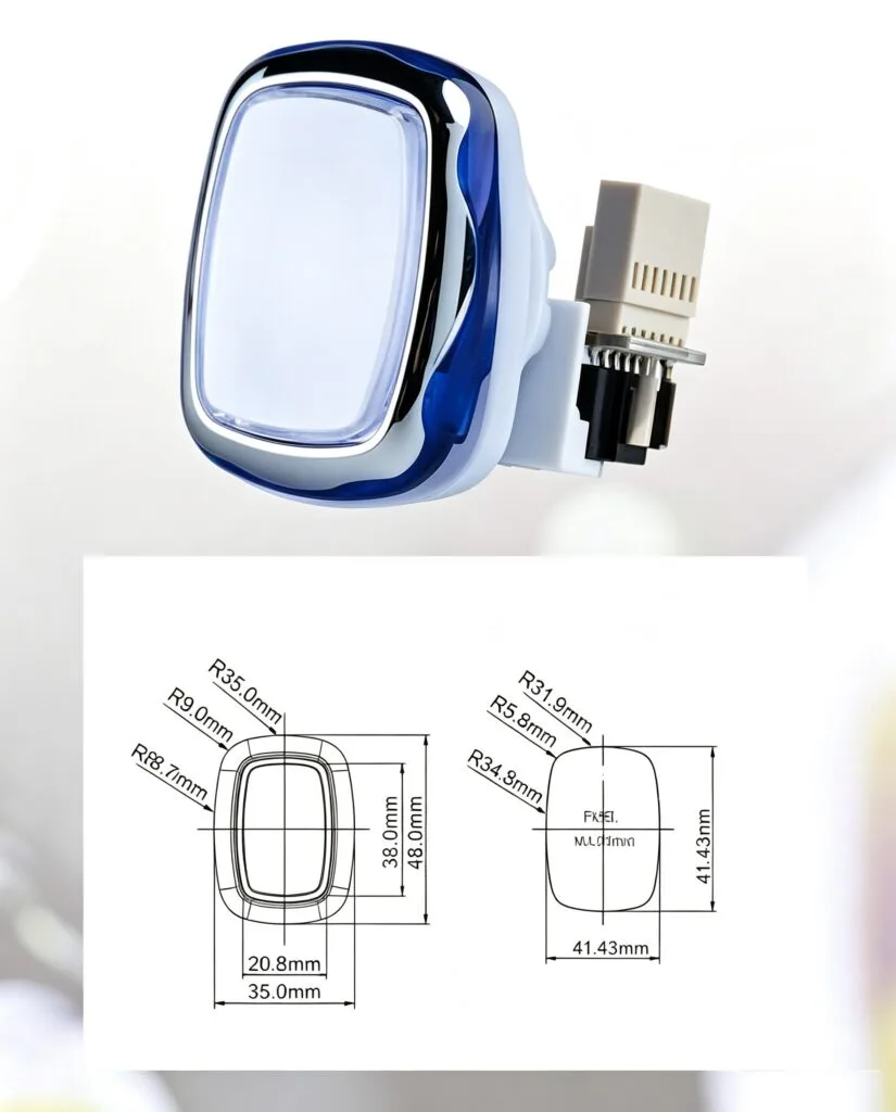 GVLT-35.48 35x48mm زر ضغط مضاء – مستطيل، مطلي كهربائيًا – رسم الأبعاد