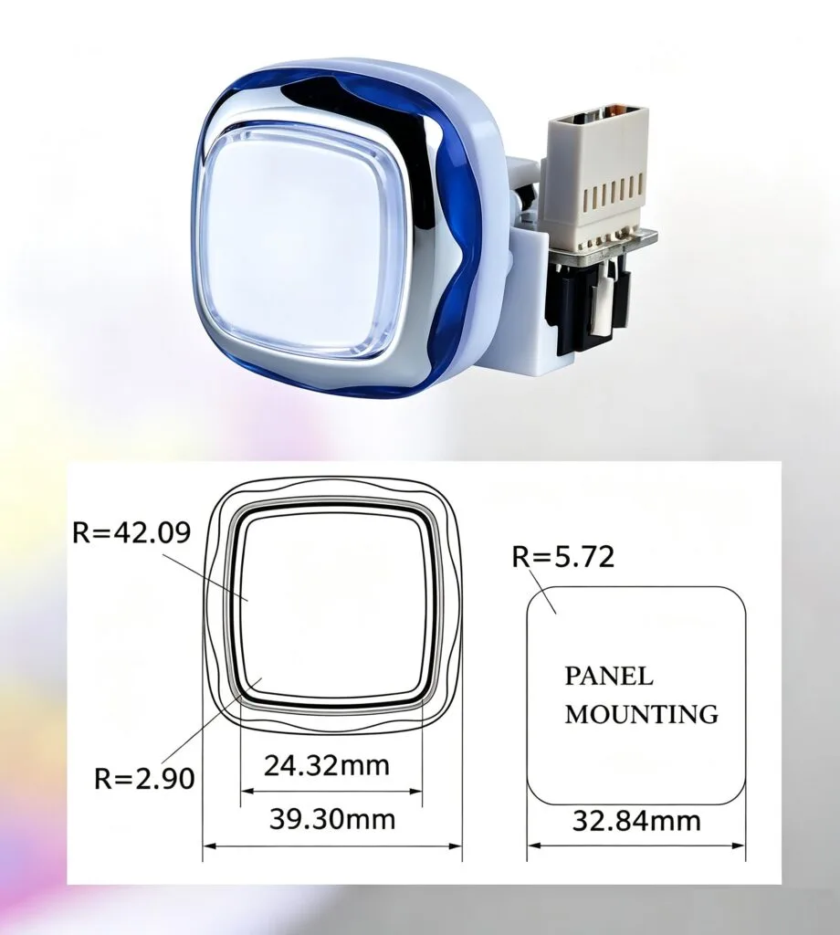 GVLT-39.39 39.3mm Square Electroplated Illuminated Push Button – dimension drawing