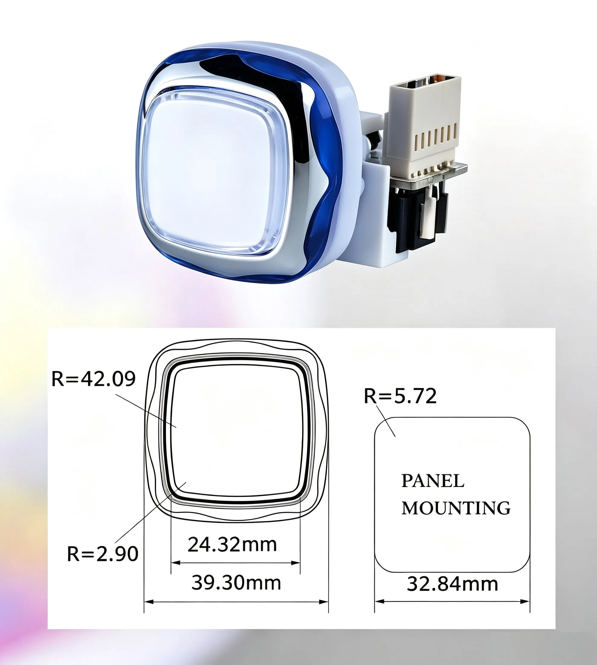 GVLT-39.39 39.3mm Square Chrome-Plated Illuminated Arcade Push Button - dimension drawing