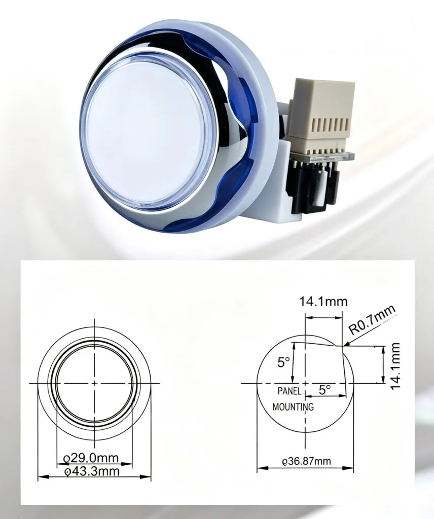 GVLT-43 43.3mm Round Electroplated Illuminated Push Button – dimension drawing