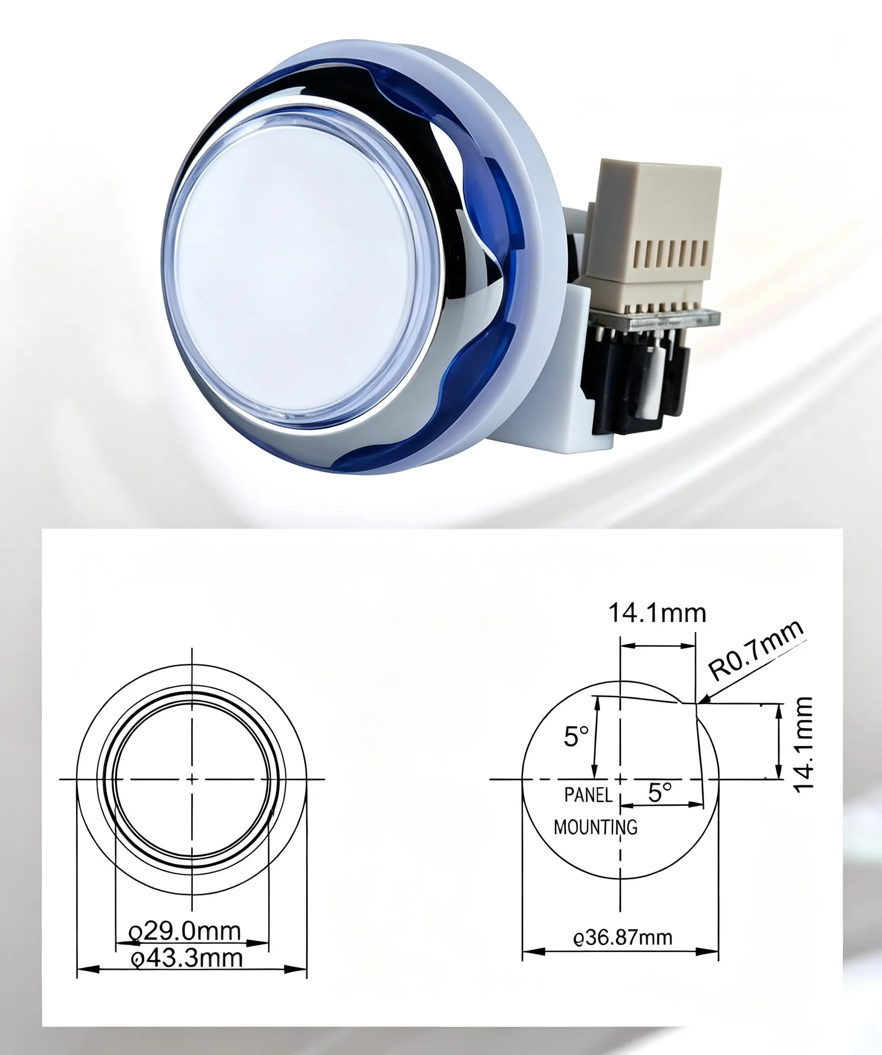 GVLT-43 43.3mm Round Chrome-Plated Illuminated Arcade Push Button - dimension drawing