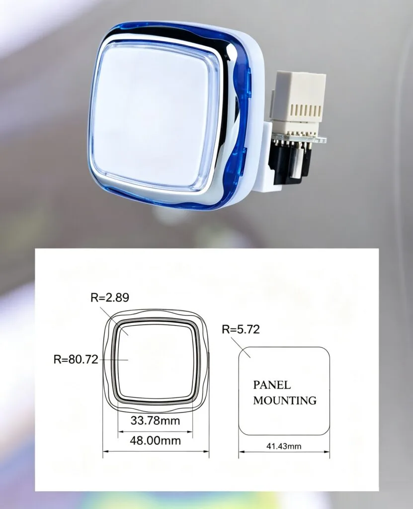 GVLT-48.48 48x48mm Bouton poussoir lumineux – Carré, Galvanisé – plan coté