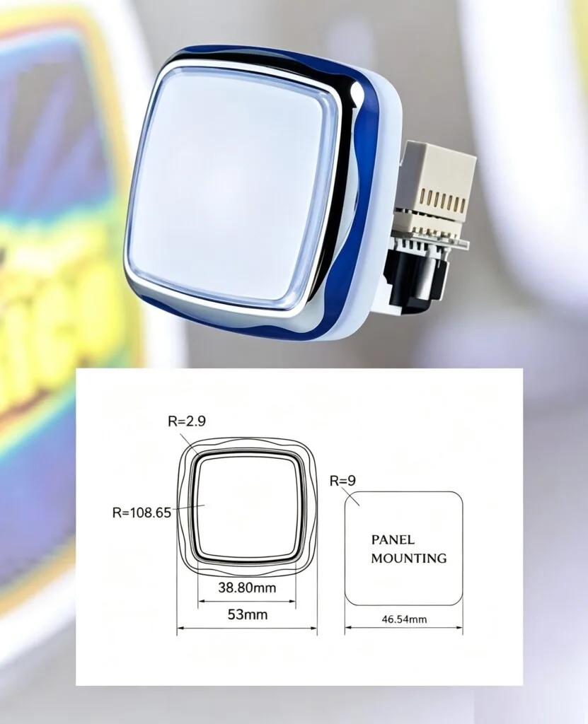 GVLT-53.53 53x53mm LED 발광 푸시 버튼 (정사각형, 전기도금) – 치수 도면