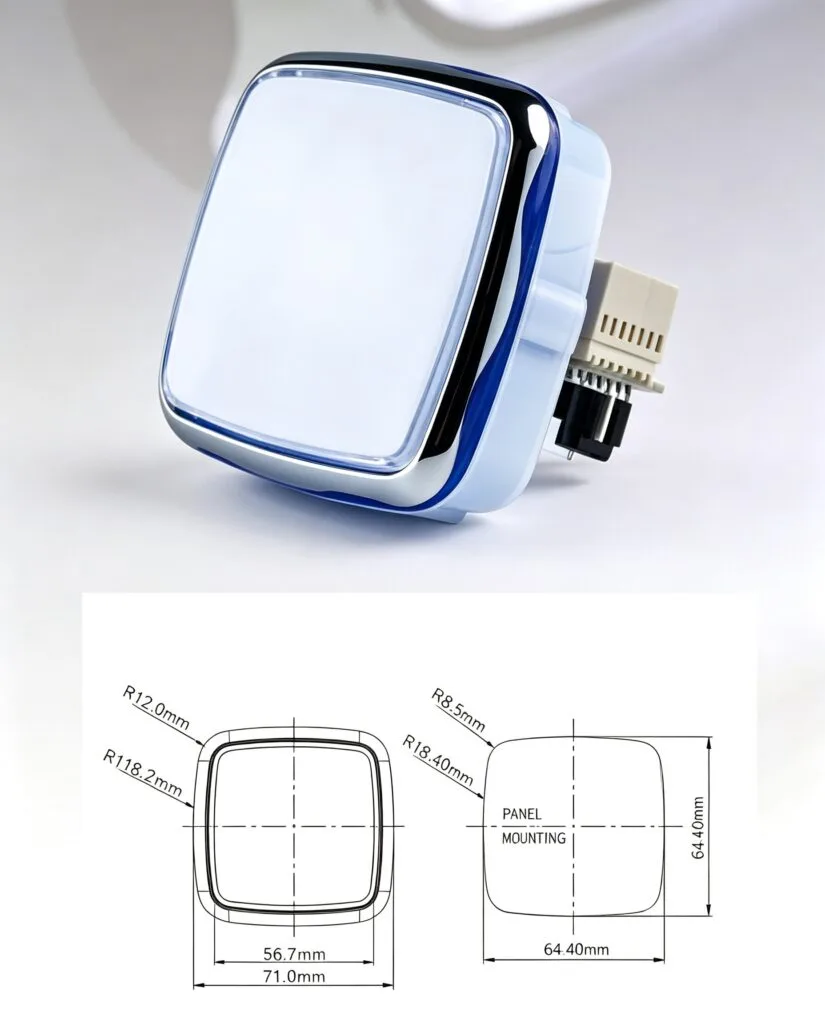 GVLT-71.71 71x71mm Square Electroplated Illuminated Push Button – dimension drawing