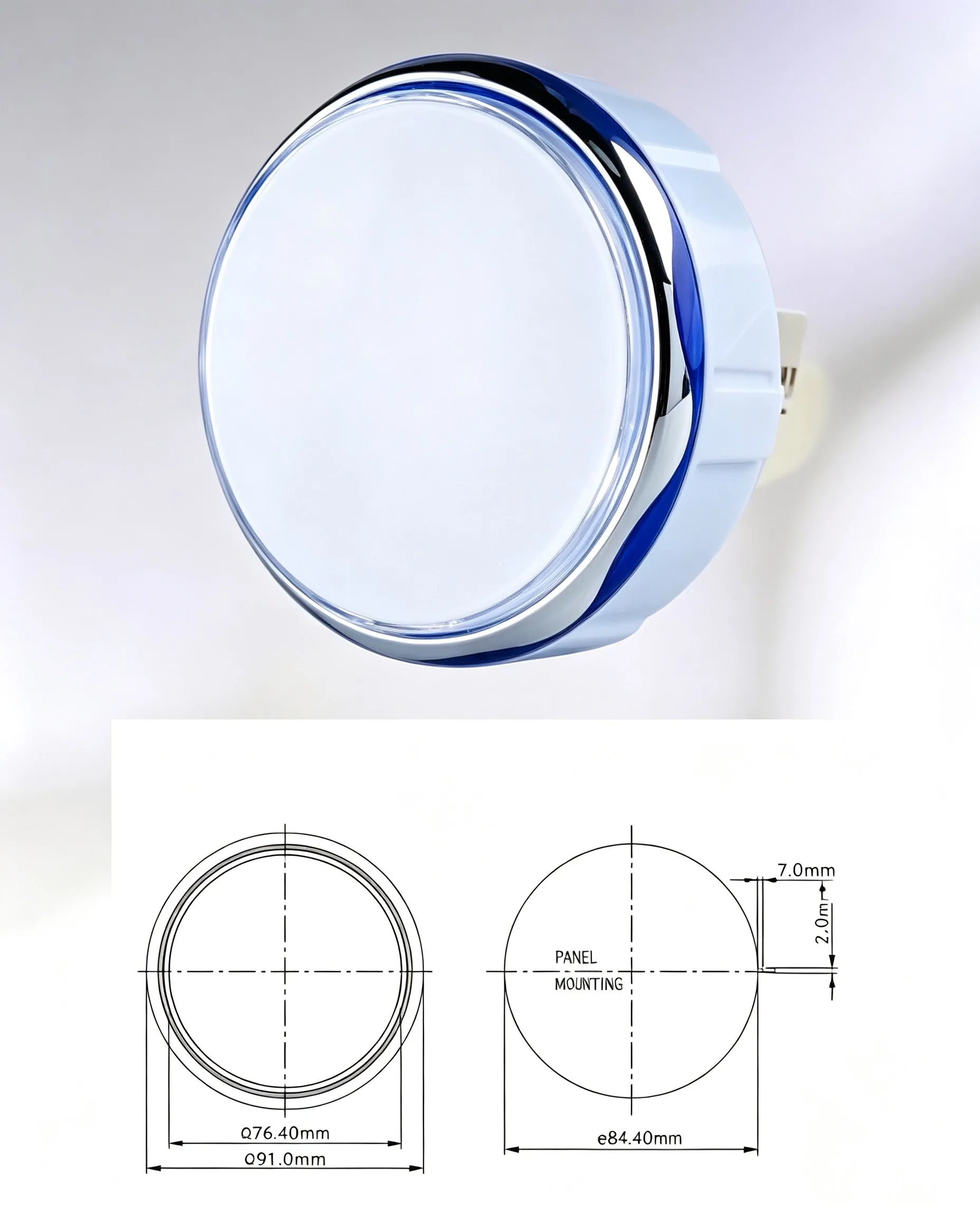 GVLT-91 91mm Round Chrome-Plated Illuminated Arcade Push Button - dimension drawing