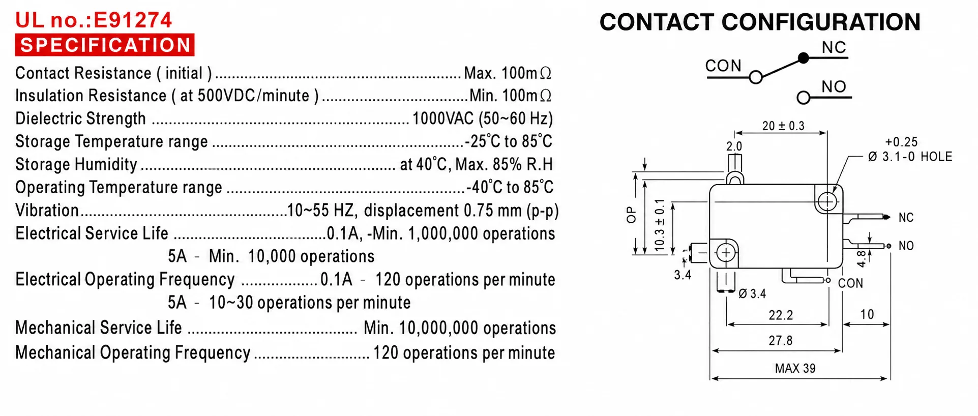 VLT micro switch specification sheet and dimension drawing, UL file E91274