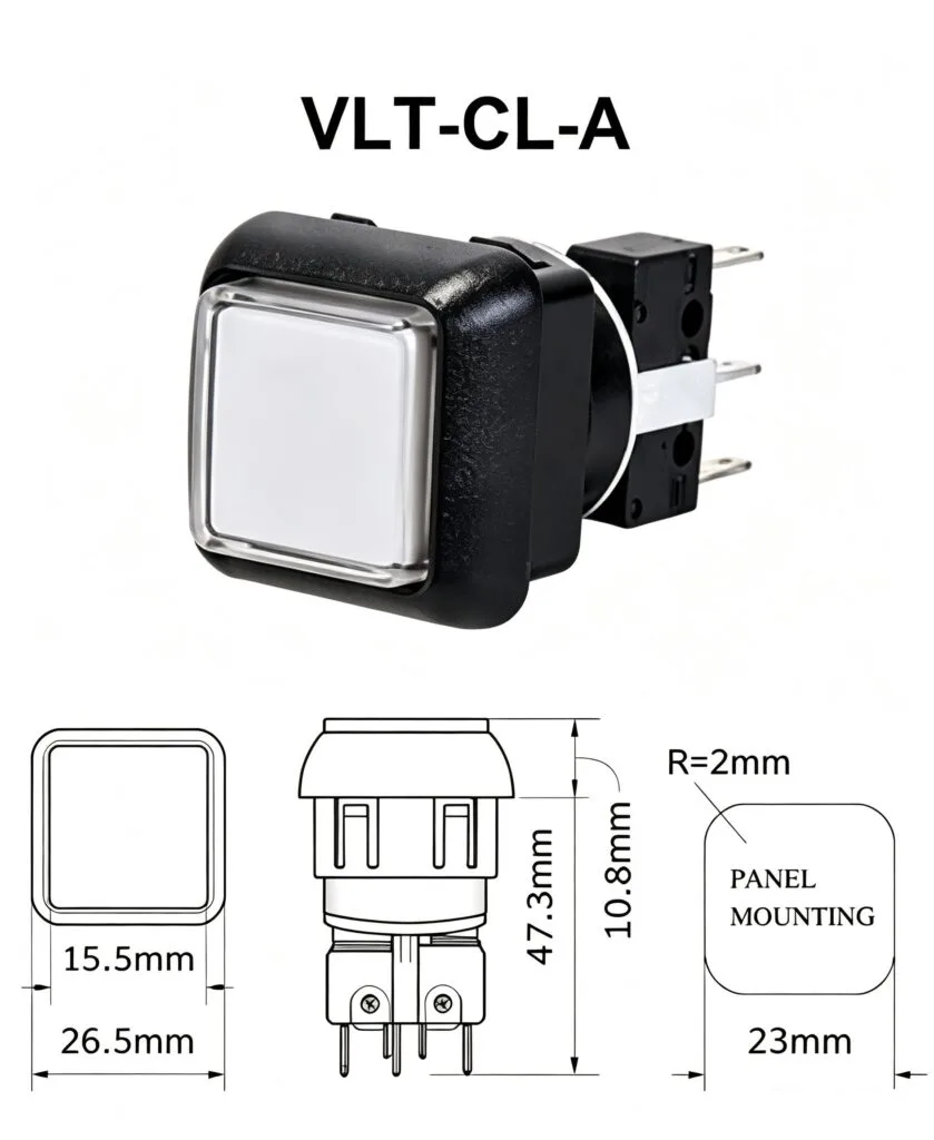 VLT-CL-A 26.5mm Botão de pressão iluminado – Quadrado – desenho dimensional