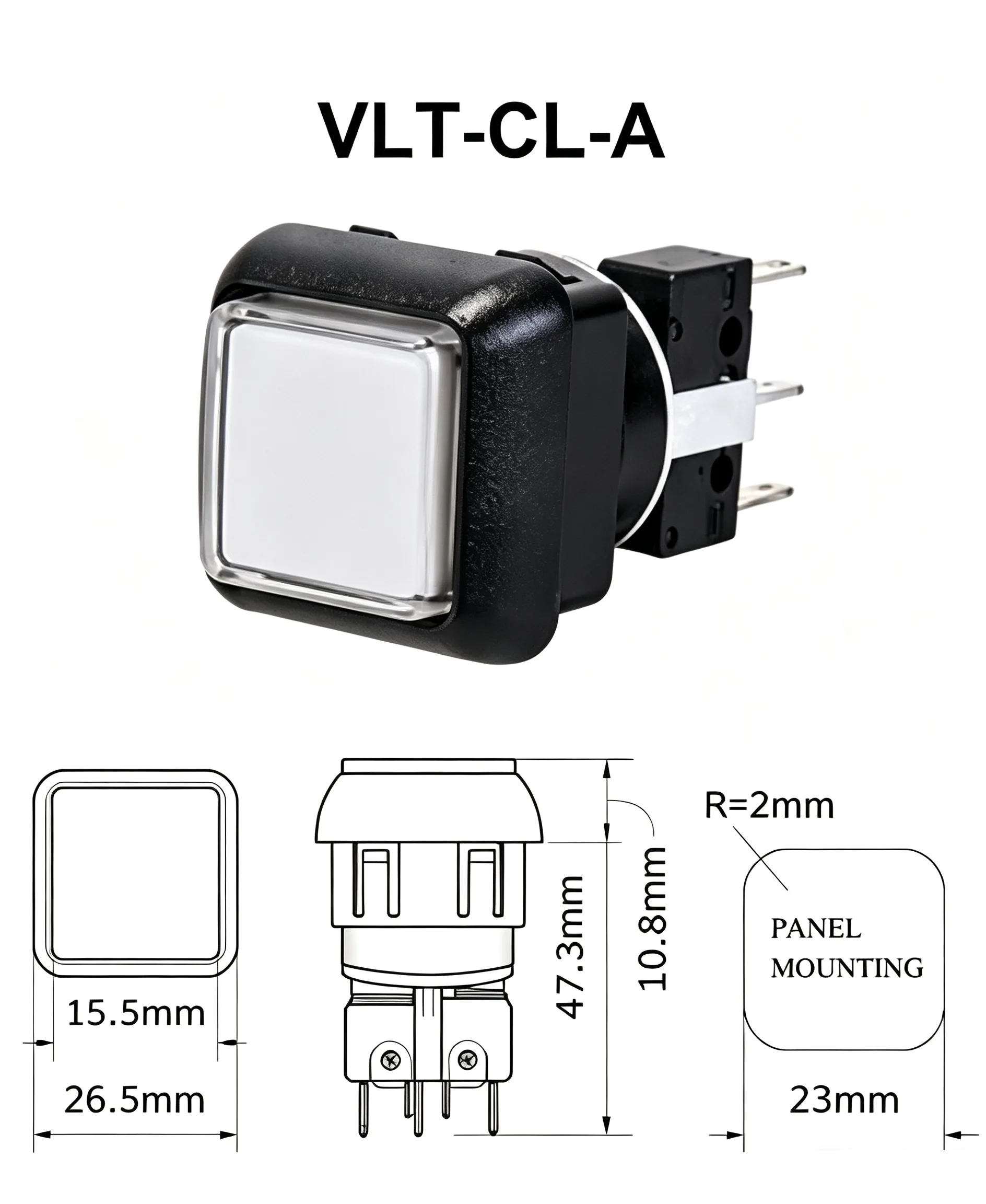 VLT-CL-A 26.5mm Botão de pressão iluminado – Quadrado - Peça para máquina de arcade CGMAD