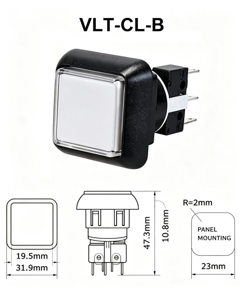 VLT-CL-B 31.9mm زر ضغط مضاء – مربع – رسم الأبعاد