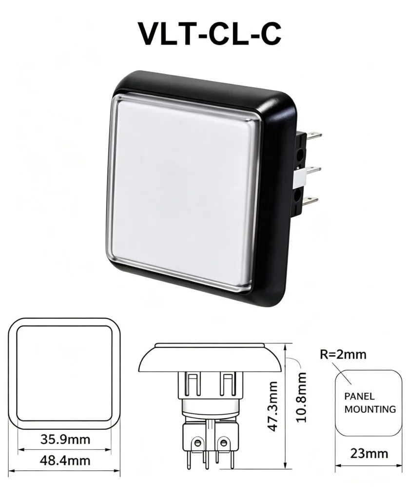 VLT-CL-C 48.4mm Square Illuminated Push Button – dimension drawing