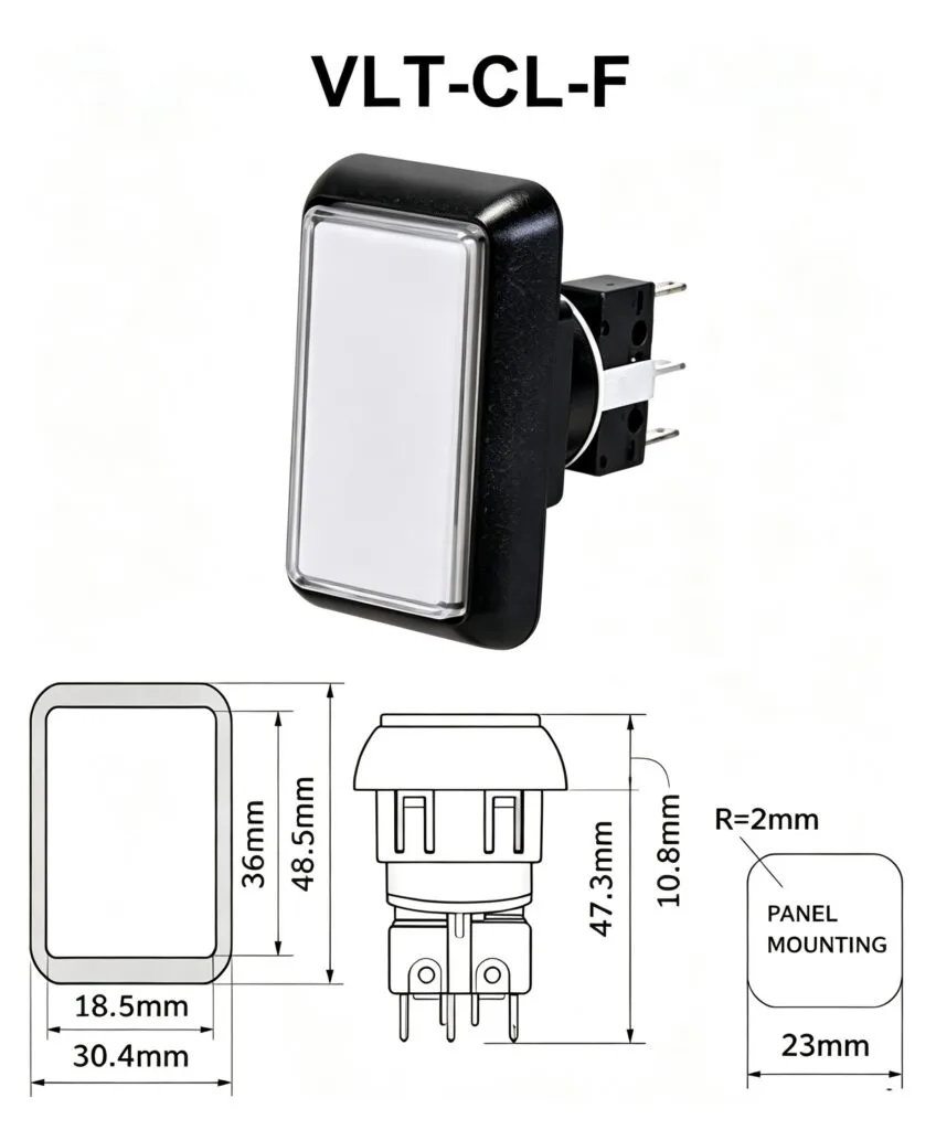 VLT-CL-F 30.4x48.5mm Rectangular Illuminated Push Button – dimension drawing