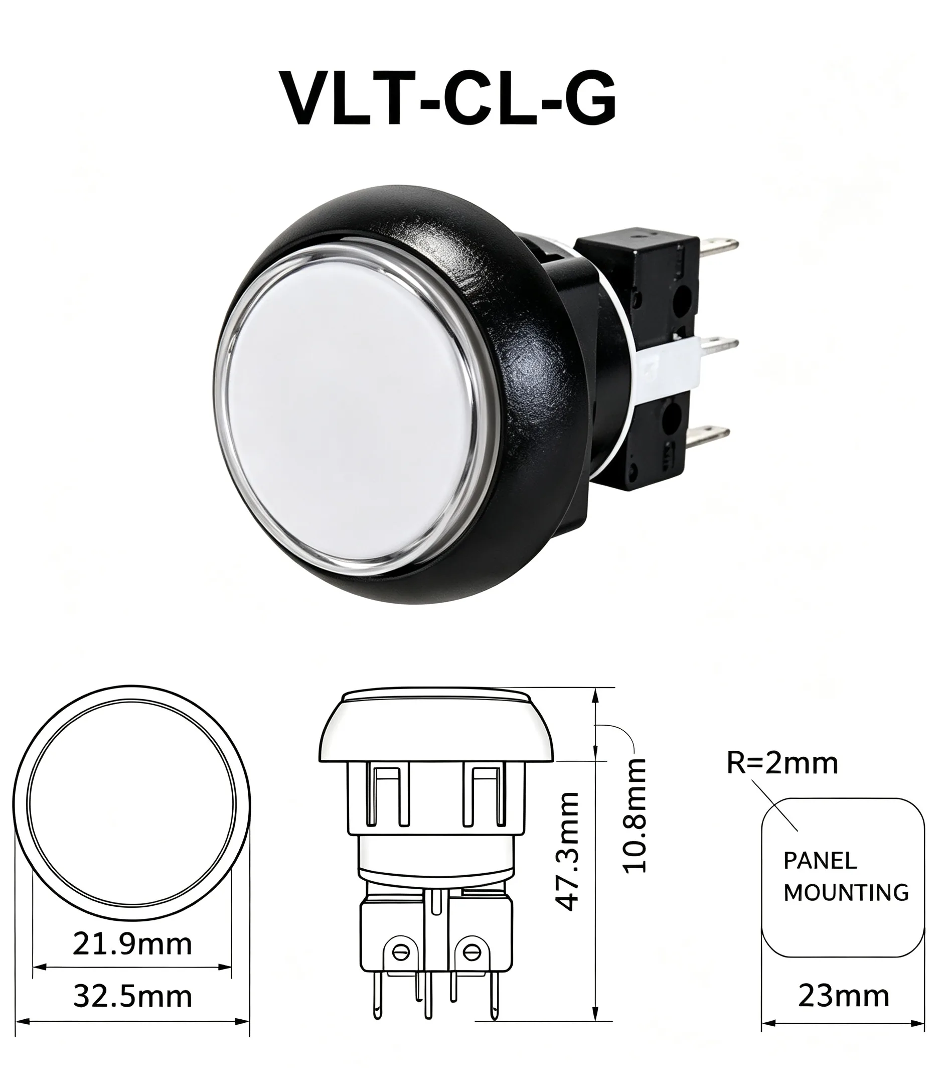 VLT-CL-G 32.5mm Round Snap-In Illuminated Arcade Push Button - dimension drawing