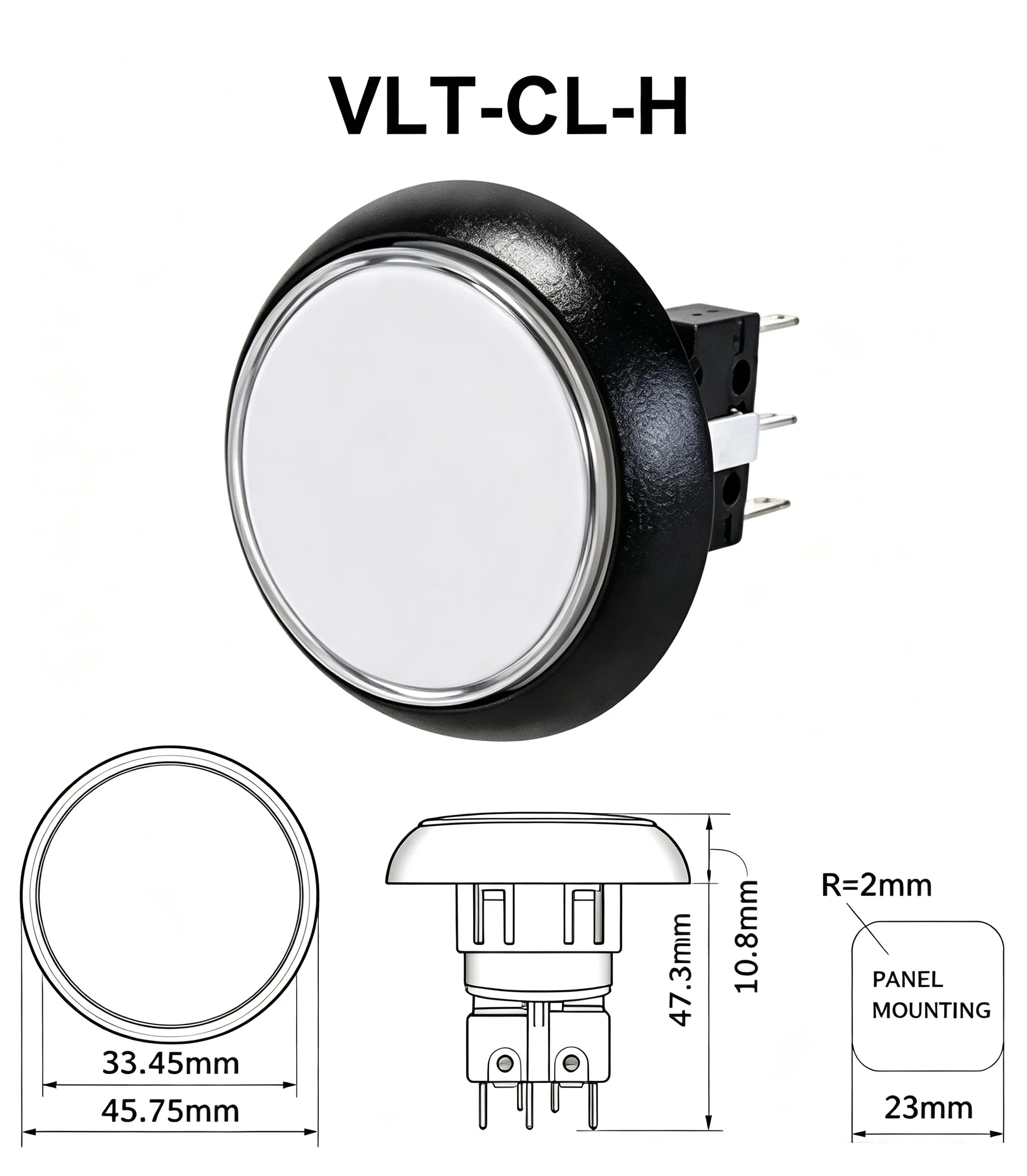 VLT-CL-H 45.75mm Round Snap-In Illuminated Arcade Push Button - dimension drawing