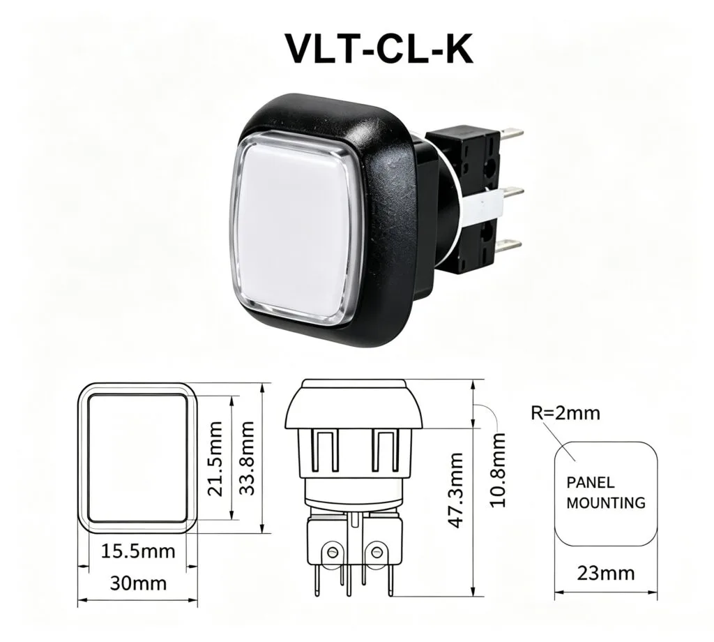 VLT-CL-K 30x33.8mm Rectangular Illuminated Push Button – dimension drawing