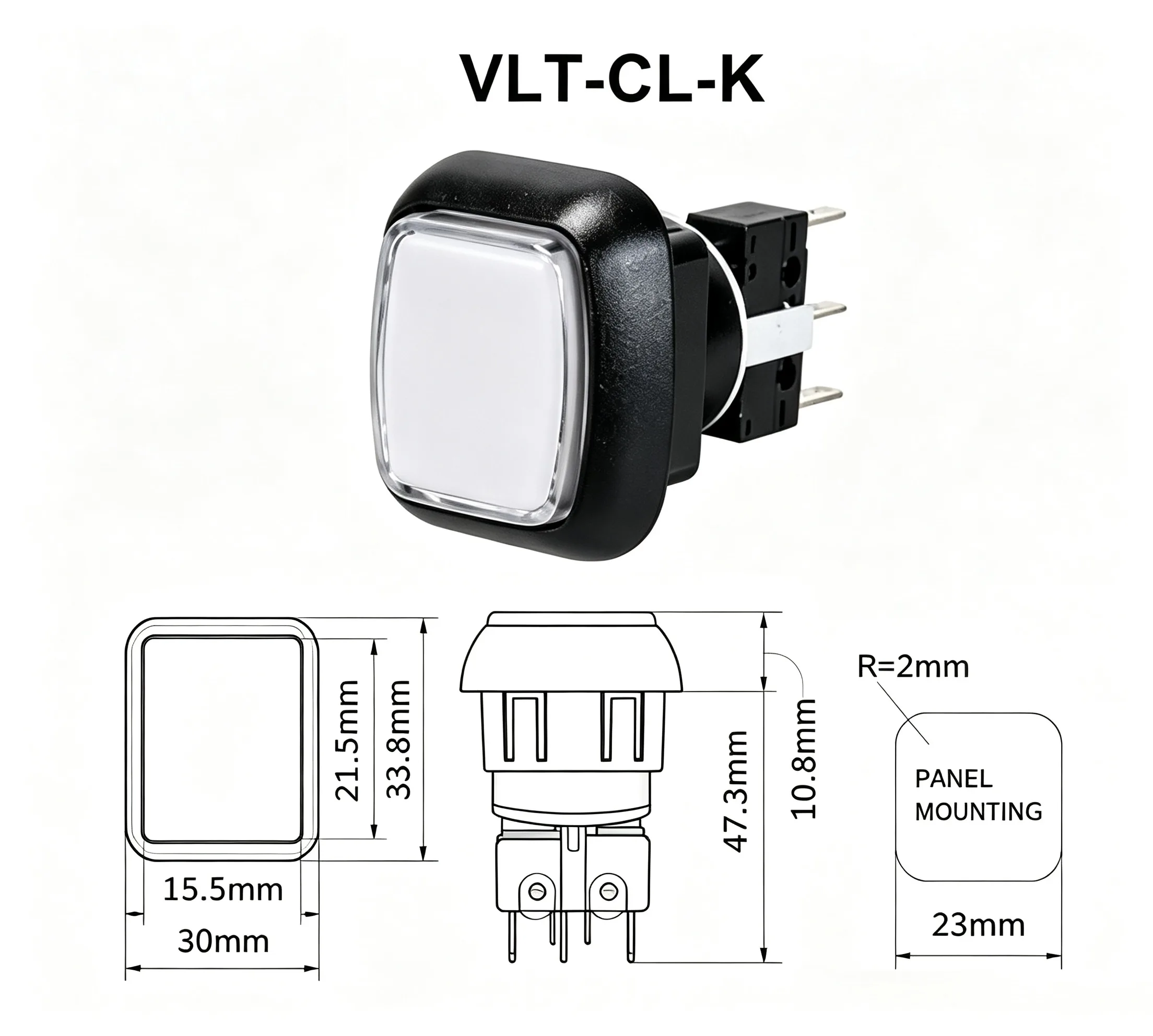VLT-CL-K 30x33.8mm Rectangular Snap-In Illuminated Arcade Push Button - dimension drawing