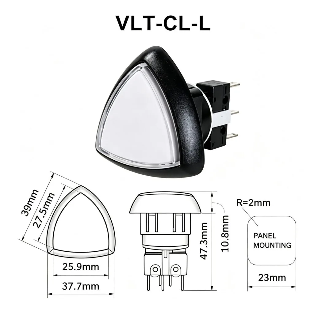 VLT-CL-L 37.7x39mm Triangular Illuminated Push Button – dimension drawing