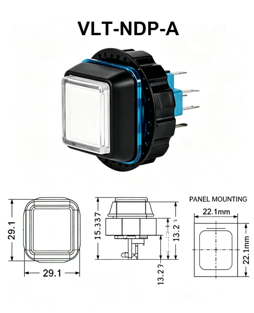 VLT-NDP-A 29.1mm Square Thick-Type Illuminated Push Button – dimension drawing