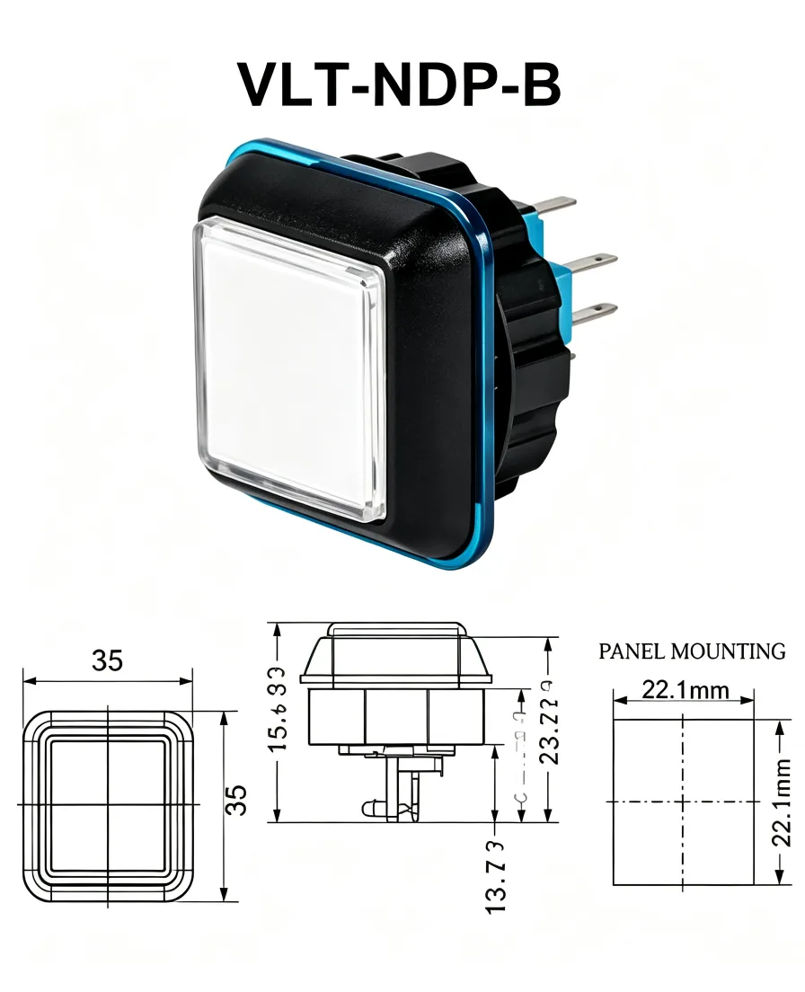VLT-NDP-B 35mm Square Thick-Type Illuminated Arcade Push Button - dimension drawing