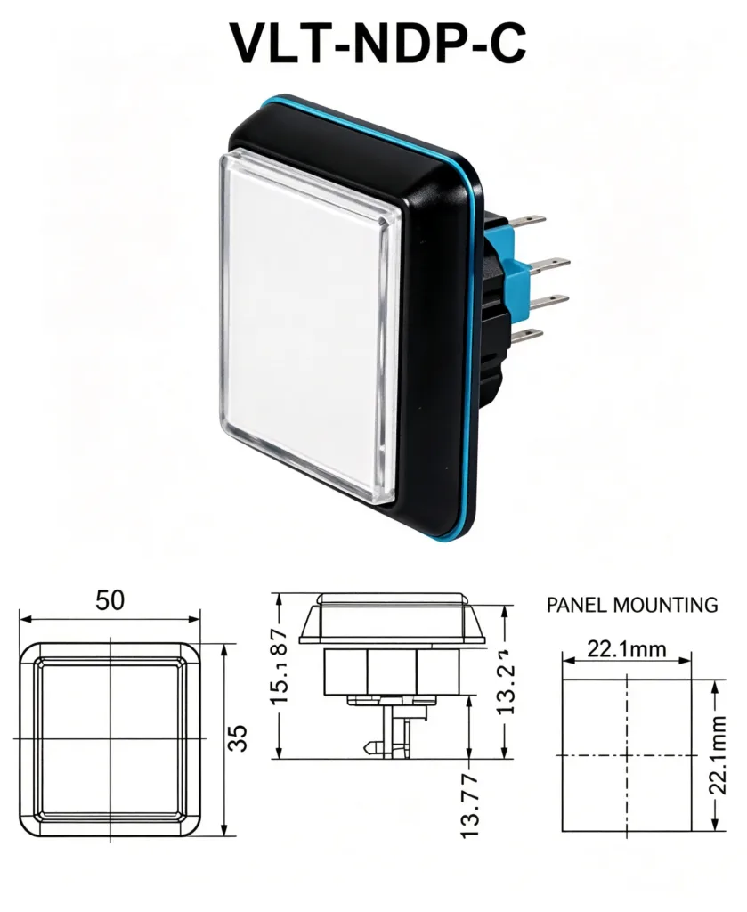 VLT-NDP-C 50x35mm Rectangular Thick-Type Illuminated Push Button – dimension drawing
