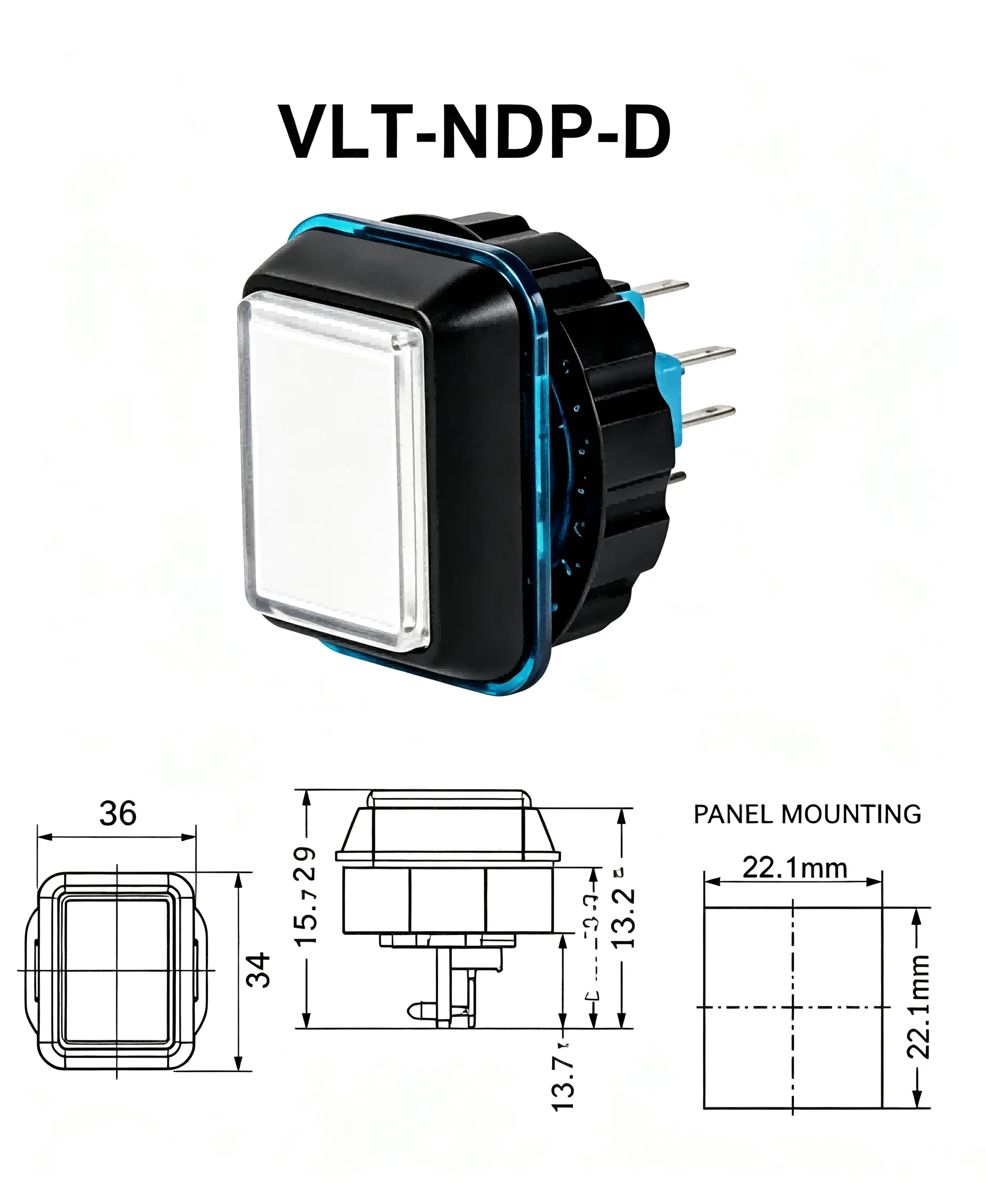 VLT-NDP-D 36x34mm زر ضغط مضاء – مستطيل، نوع سميك - قطعة جهاز أركيد من CGMAD