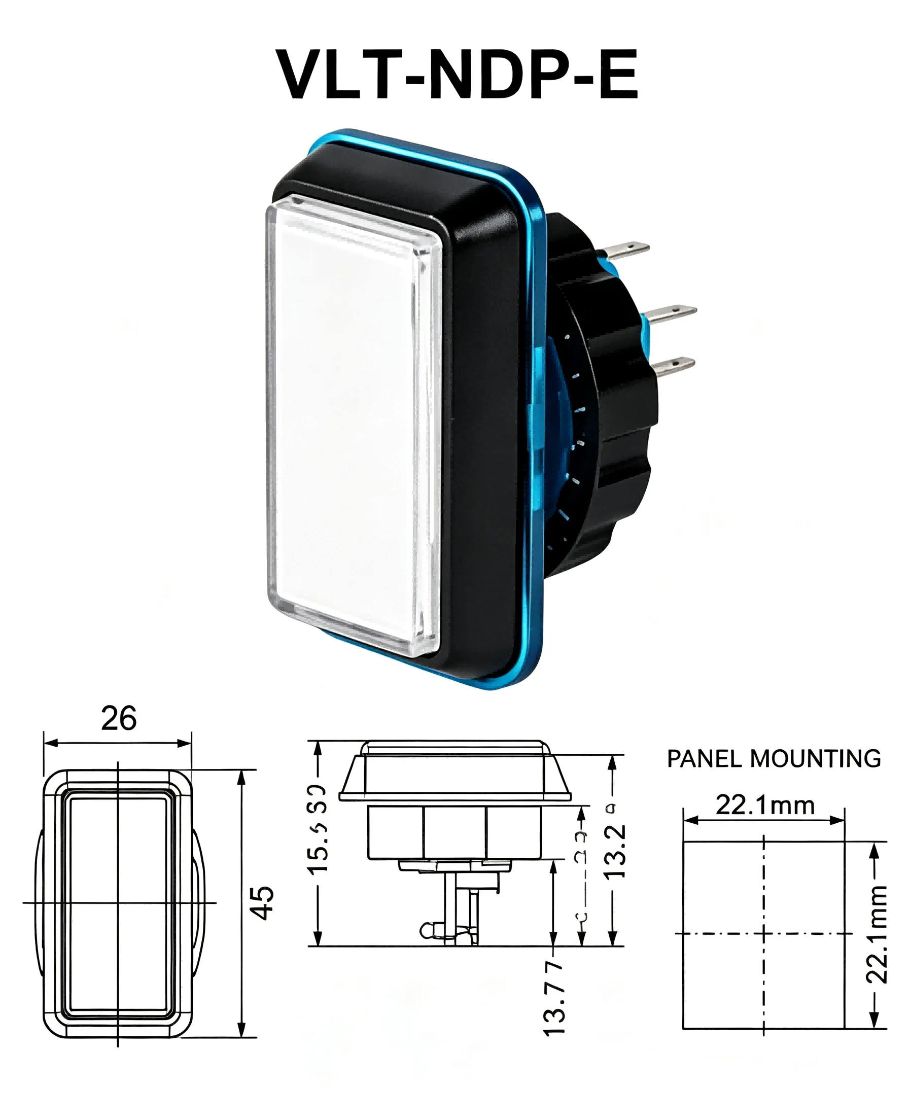 VLT-NDP-E 26x45mm Rectangular Thick-Type Illuminated Arcade Push Button - dimension drawing