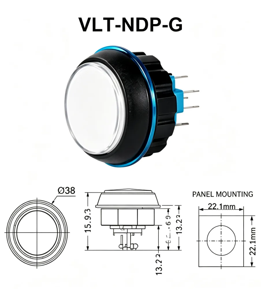 VLT-NDP-G 38mm 厚型圓形帶燈按鍵 – 尺寸圖