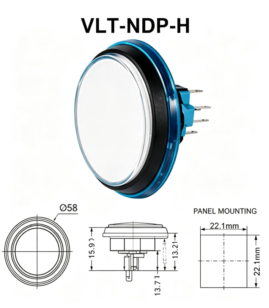 VLT-NDP-H 58mm 厚型圓形帶燈按鍵 – 尺寸圖