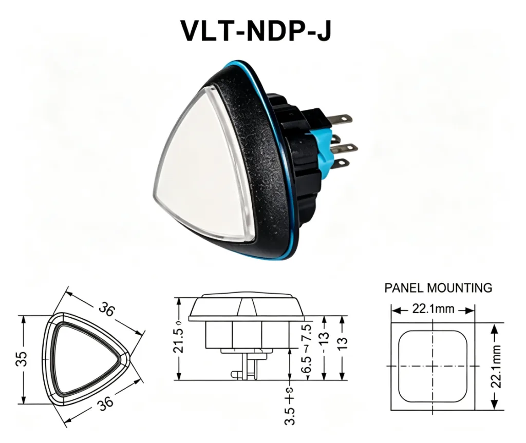 VLT-NDP-J 36×35mm 厚型三角形帶燈按鍵 – 尺寸圖