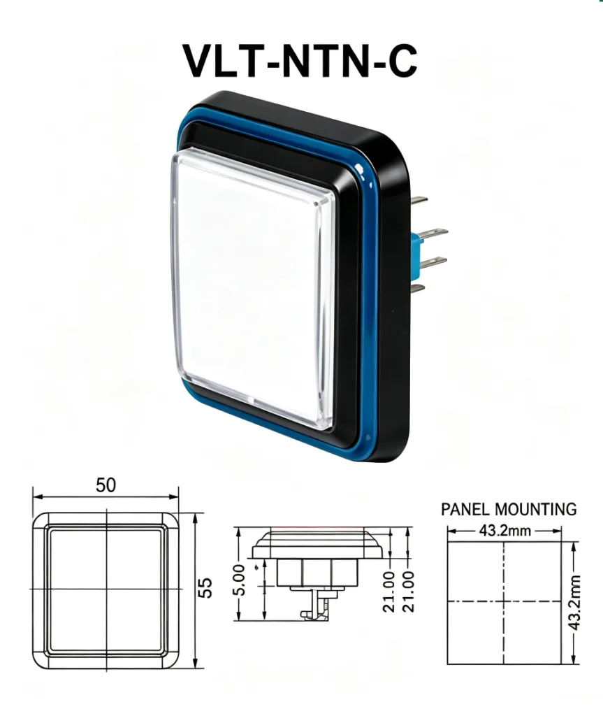 VLT-NTN-C 50×55mm 薄型長方形帶燈按鍵 – 尺寸圖