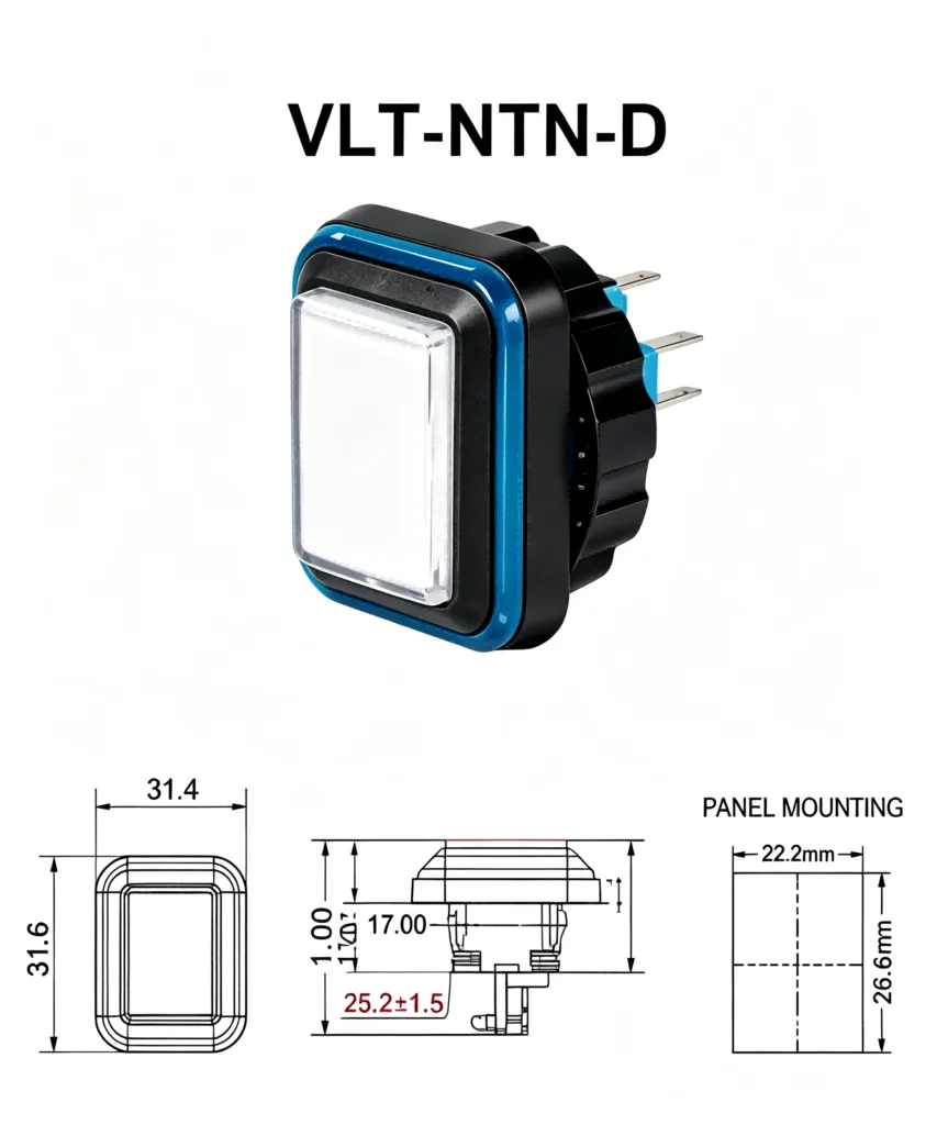 VLT-NTN-D 31.4×31.6mm 薄型長方形帶燈按鍵 – 尺寸圖