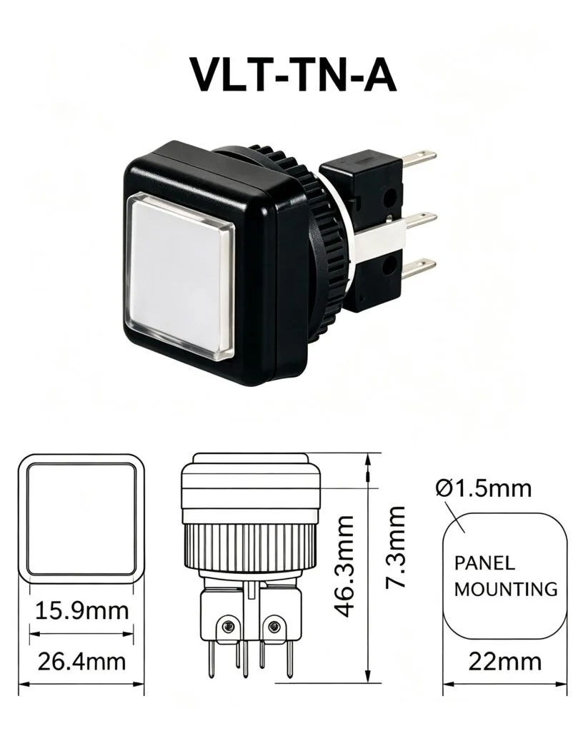 VLT-TN-A 26.4mm 薄型方形帶燈按鍵 – 尺寸圖