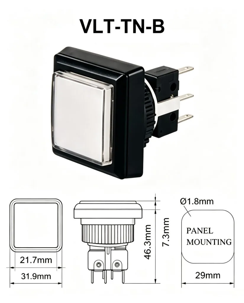 VLT-TN-B 31.9mm 薄型方形帶燈按鍵 – 尺寸圖