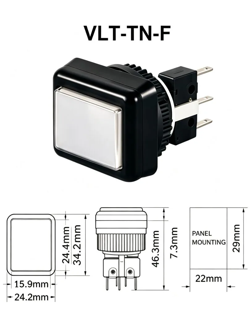 VLT-TN-F 24.2×34.2mm 薄型長方形帶燈按鍵 – 尺寸圖