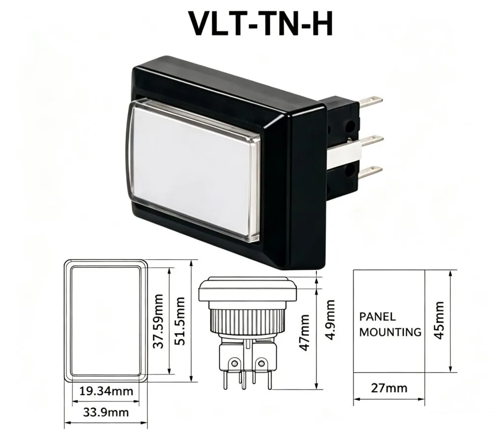 VLT-TN-H 33.9x51.5mm Rectangular Illuminated Push Button – dimension drawing