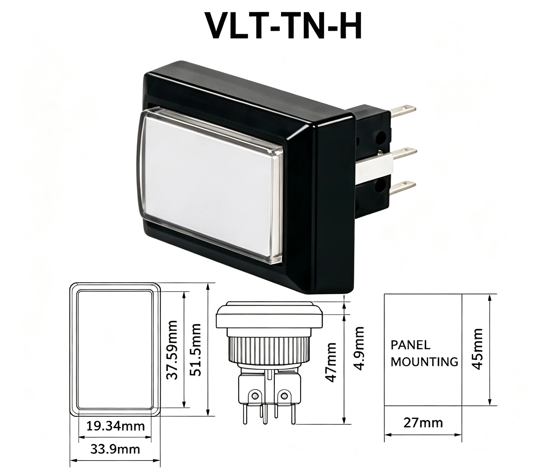 VLT-TN-H 33.9x51.5mm Rectangular Screw-Mount Illuminated Arcade Push Button - dimension drawing
